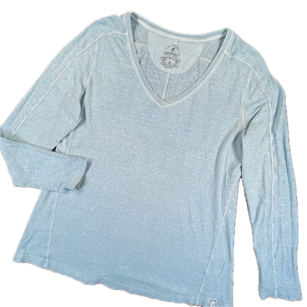 Gramicci V-Neck Long Sleeve Top XL Light Blue Hemp Organic Cotton Outdoor Casual